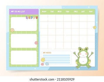 Plant Monthly Planner Template in Vector with cute flog and flowers for Notes, To Do List, Shopping List, habit trackers.
