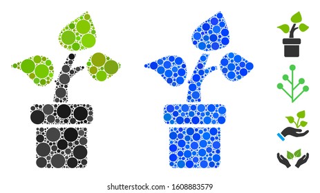 Plant mosaic of small circles in various sizes and color tints, based on plant icon. Vector random circles are grouped into blue mosaic. Dotted plant icon in usual and blue versions.
