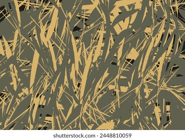 Plant motifs- camouflage background in golden-dark green tonality. Dark linear backdrop for fashion trends, business concepts, background, textures, covers, scrapbooking, fabrics, tiles, prints, etc.