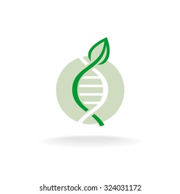 Plant nature genetic engineering symbol. Green leaf with stalk and DNA elements logo.