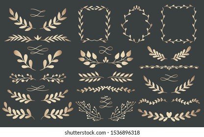 Plant nature gold hand drawn set. Collection botanical element.Elegante vintage style.Vector illustration.