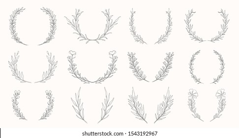 Plant Nature Wreath Hand Drawn Set. Collection Botanical Element.Elegante Vintage Style.Vector Illustration.