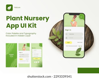 Plant Nursery Application Splash Screens Including Like As Sign In, Sign Up for Mobile App and Responsive Website.