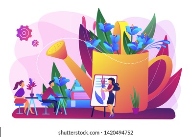 Plant nursery, floristry courses, housekeeping lesson. Garden workshop, gardening training programs, organic gardening experts here concept. Bright vibrant violet vector isolated illustration