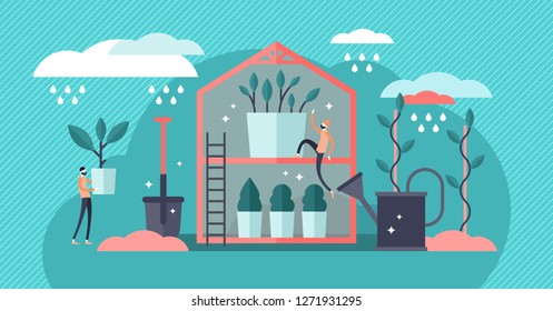 Plant nursery vector illustration. Flat mini professional gardening persons concept. Tree growing inside of greenhouse. Shovel and watering can equipment to take care of plants. Propagation business.