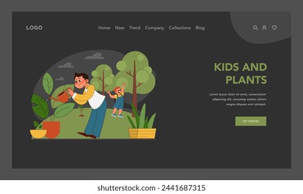 Plant nurturing concept. Young boys joyfully engage in plant care and planting trees, symbolizing growth and learning in nature embrace. Caring for nature and earth. Flat vector illustration