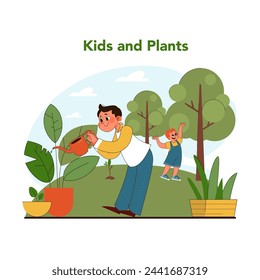 Plant nurturing concept. Young boys joyfully engage in plant care and planting trees, symbolizing growth and learning in nature embrace. Caring for nature and earth. Flat vector illustration