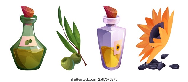 Plant oil bottles set isolated on white background. Vector cartoon illustration of glass jars with sunflower blossom and seeds, olive extract and green branch, organic food product, healthy condiment