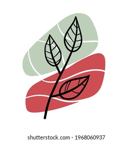 Planta sobre el fondo de las manchas de color. Rama botánica negra y patrón abstracto geométrico gris y rojo en un estilo minimalista. Objeto Line Doodle