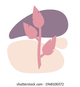 Plant on background of colored spots. Red botanical branch and red and purple geometric abstract pattern in a minimalist style. Doodle object