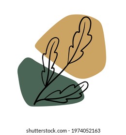 Plant on background of colored spots. Black botanical oak branch and purple and green geometric abstract pattern in a minimalist style. Line Doodle object