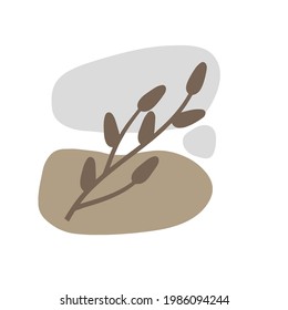 Plant on background of colored spots. Brown botanical branch and blue and gray geometric abstract pattern in a minimalist style. Doodle object