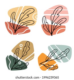 Plant on background of colored spots. Black botanical oak branch and geometric abstract pattern in a minimalist style. Minimalist Doodle object