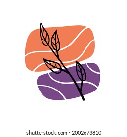 Planta sobre el fondo de las manchas de color. Rama botánica negra y patrón abstracto geométrico morado y anaranjado en un estilo minimalista. Objeto Line Doodle