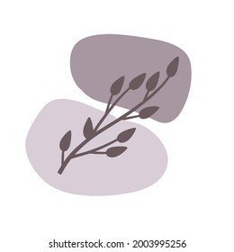 Plant on background of colored spots. Black botanical branch and purple and gray geometric abstract pattern in a minimalist style. Doodle object
