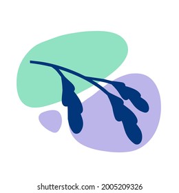 Plant on background of colored spots. Blue botanical branch and purple and green geometric abstract pattern in a minimalist style. Doodle object