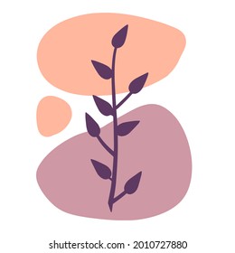 Planta sobre el fondo de las manchas de color. Rama botánica púrpura y patrón abstracto geométrico anaranjado en un estilo minimalista. Objeto Doodle