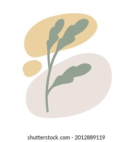Plant on background of colored spots. Grey botanical branch and purple and orange geometric abstract pattern in a minimalist style. Doodle object