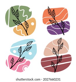 Plant on background of colored spots. Black botanical oak branch and geometric abstract pattern in a minimalist style. Minimalist Doodle object