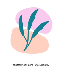 Plant on background of colored spots. Blue botanical branch and red and purple geometric abstract pattern in a minimalist style. Doodle object