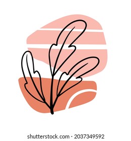 Plant on background of colored spots. Black botanical oak branch and purple and red geometric abstract pattern in a minimalist style. Line Doodle object