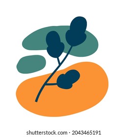 Plant on background of colored spots. Black botanical branch and green and orange geometric abstract pattern in a minimalist style. Doodle object