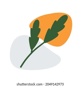 Plant on background of colored spots. Green botanical branch and orange and gray geometric abstract pattern in a minimalist style. Doodle object