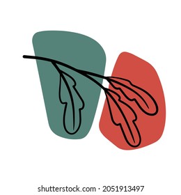 Plant on background of colored spots. Black botanical oak branch and green and red geometric abstract pattern in a minimalist style. Line Doodle object