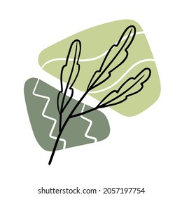 Plant on background of colored spots. Black botanical oak branch and grey and green geometric abstract pattern in a minimalist style. Line Doodle object