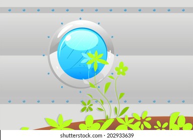 plant on the background of metallic window 