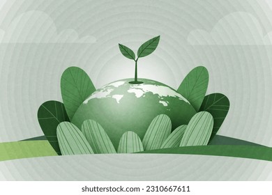 Pflanzen Sie auf Erden für umweltfreundliche Produkte. Weltumwelttag und Earth Day-Konzept. Nachhaltige Entwicklung. Vektorgrafik.