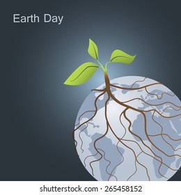 Plant on Earth and its roots around planet. Earth Day and Go green concept. Vector illustration in eps8 format.