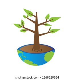 Plant on a flower pot with an Earth map. Earth day. Vector illustration design