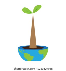 Plant on a flower pot with an Earth map. Earth day. Vector illustration design