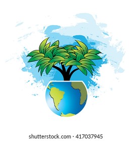 plant on globe over paint strokes vector drawing