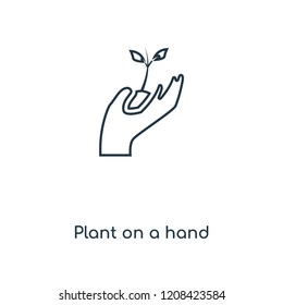 Plant on a hand concept line icon. Linear Plant on a hand concept outline symbol design. This simple element illustration can be used for web and mobile UI/UX.