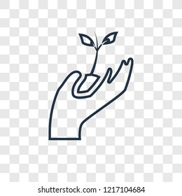 Plant on a hand concept vector linear icon isolated on transparent background, Plant on a hand concept transparency concept in outline style