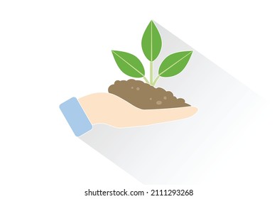 Plant on the hand icon. Agriculture concept logo template. Green energy and clean environment design element. Human hand holding a bunch of soil and a green plant inside.