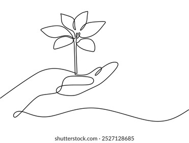 Plant on a hand in one continuous line drawing. Minimalist design for sustainability and environmental care concepts. Simplified linear hand-drawn art.