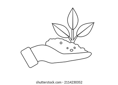 Plant on the hand outline icon. Agriculture concept logo template. Green energy and clean environment design element. Human hand holding a bunch of soil and a green plant inside. Isolated element.