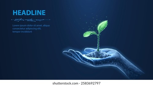 Plant on hand. Sprout Growth, Agriculture Technology, Grow Plant, Tree Leaf, Bio Seed, Polygon Green, Sapling, Digital Science, Agronomy Concept. 3D Vector