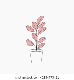 plant on pot line art simple cream color vector illustration. plant for interior. 