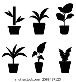 Plant on Pot Silhouette Set Black Silhouette Vector Illustration Bundle for Digital Design