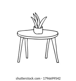 Plant on the table doodle illustration. Hand drawn illustration of table and plant