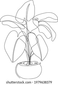 Plant on vase in continuous one line drawing. Minimalist art. Vector illustration.