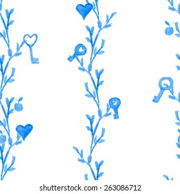 plant on which hang keys and hearts.watercolor.seamless pattern