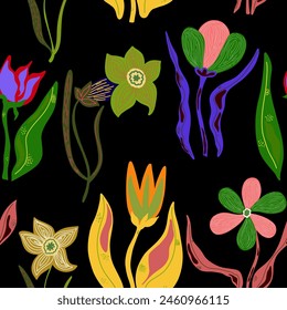 Plant organic pattern. Flat style. Hand drawn elements. Vector seamless overlapping pattern.