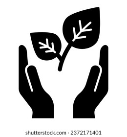Planta en icono sólido de palma. Dibujo vectorial de brotes y manos de señalización aislado en blanco. Diseño ecológico de estilo glifo, diseñado para web y aplicación. Eps 10