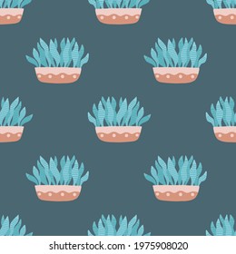 Plant pattern background. Vector seamless repeat of hand drawn potted house plants, trendy illustration design resource. 