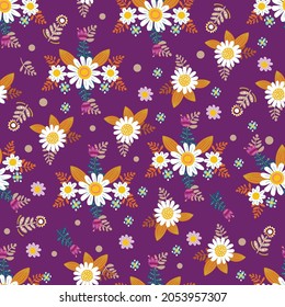 Plant pattern of daisies, leaves, forget-me-nots and tulips in folklore style, ethnic pattern